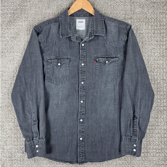 Levi's Mens Denim Western Shirt Long Sleeve Black Gray Pearl Snap Button Large - Picture 2 of 7